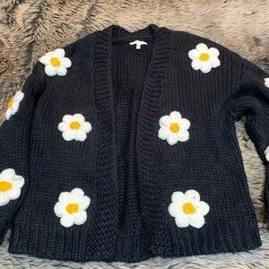 Baevely 3-D Daisy Cardigan Open Front Bubble Sleeve Floral Sweater Black Size S